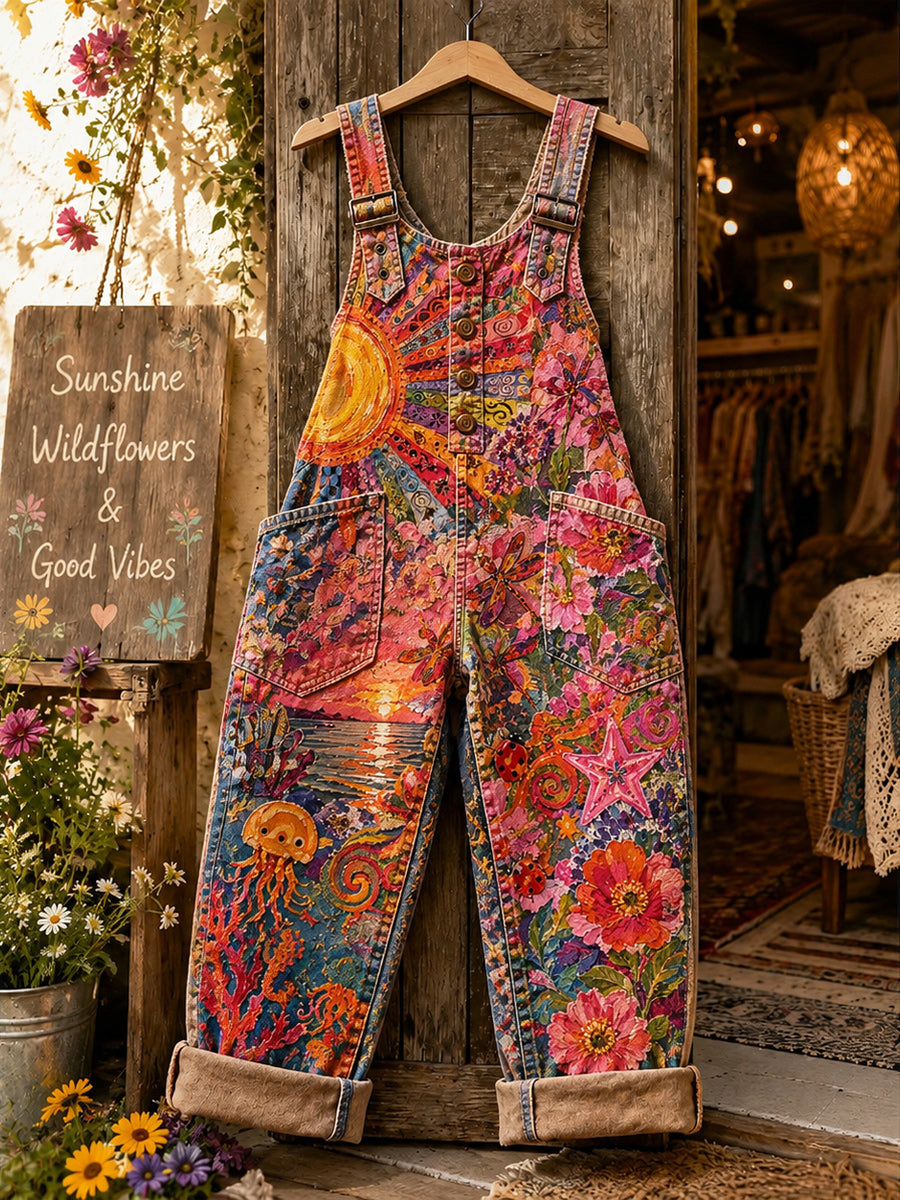 Women's Retro Style Art Print Washed Cotton Denim Patchwork Jumpsuit